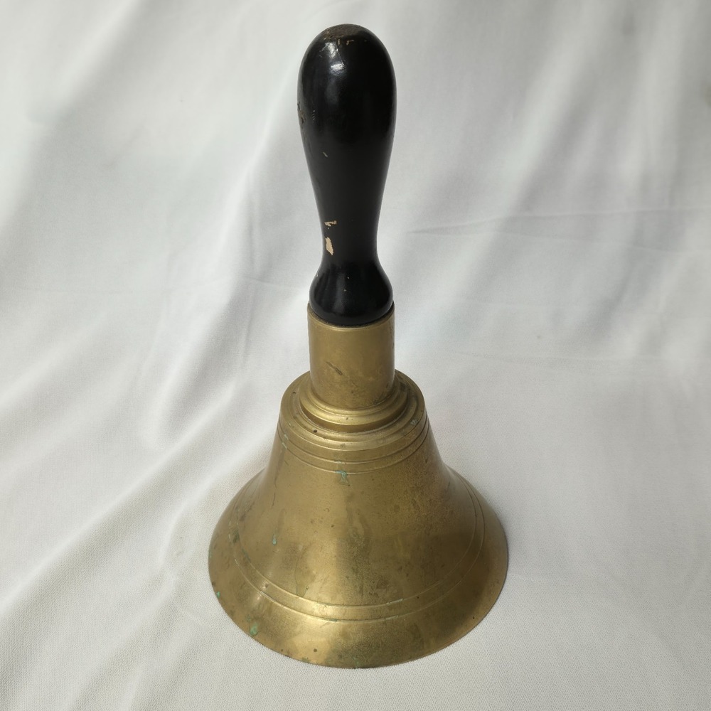 Vintage Brass Bell LOUD School Church Black Wood Handle 5.5" dia 10.25" tall